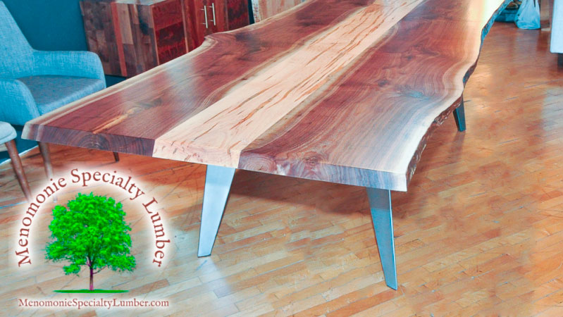 Custom live edge slab table with Black Walnut and Ambrosia Maple